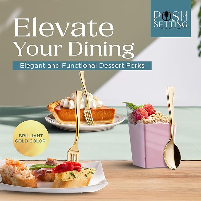 Posh Setting - Plastic Mini Dessert Forks, Gold Plastic 4 inch Taster Forks (36 Pack)