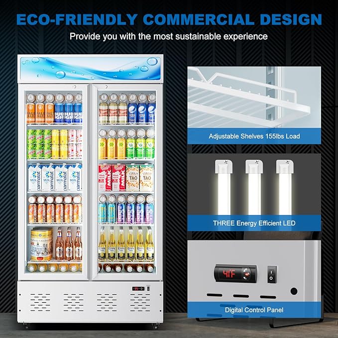 30 Cu.ft Commercial Beverage Refrigerators Glass Door Refrigerator Commercial with LED Light and 10 Shelves, Display Refrigerator for Restaurant Store Cafe Bar, White