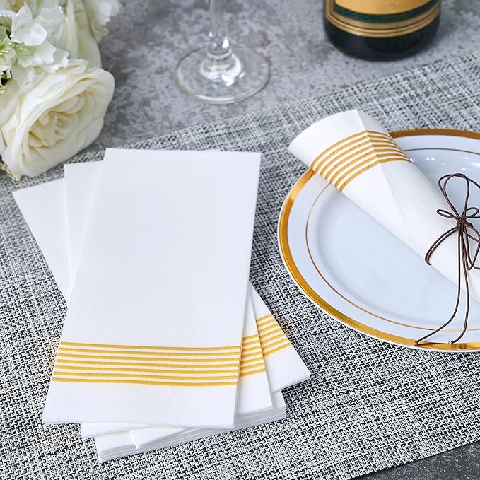 LITOPAK 300 Pack Disposable Guest Towels, Disposable Hand Towels for Bathroom, Paper Dinner Napkins for the Kitchen, Soft, Party Napkins, and Wedding Napkins(Gold)