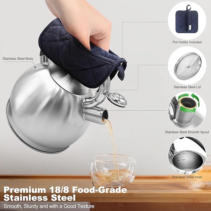 Stainless Steel Tea Kettle, Tea Kettles Stovetop, Vintage Whistling Teapot for Stove, Durable and Rust-Resistant, with a Pot Holder Included, 2.64 Quart (Brushed)