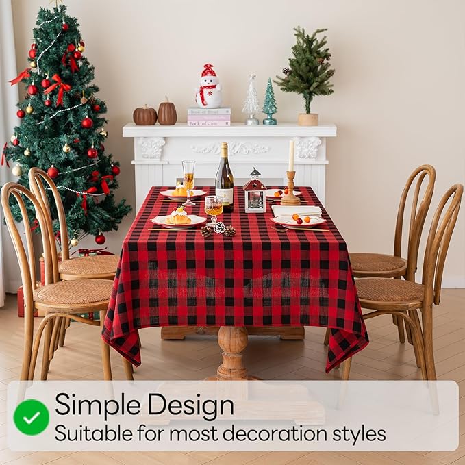 Christmas Gingham Tablecloth Heavy Duty Cotton Linen Red 60x84 inch Plaid Christmas Table Cloth Reusable Waterproof Foldable Tablecloths Xmas Table Cover for New Year Party Decor