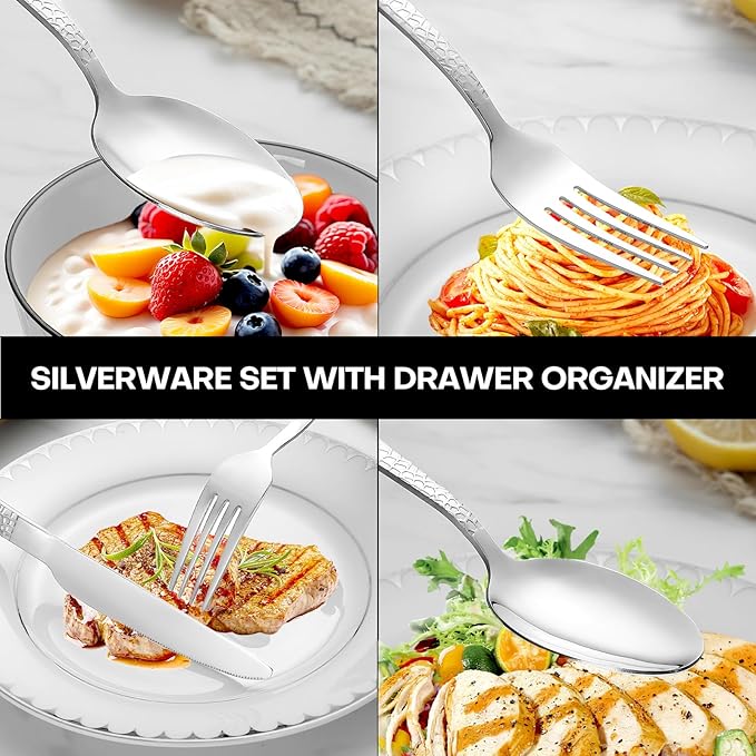 49Pcs Silverware Set with Organizer, Silver Stainless Steel Flatware Set for 8 Cutlery Utensil Sets with Steak Knives, Spoons and Forks Set, Dishwasher Safe