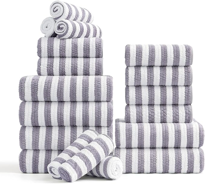 18-Piece Microfiber Bath Towels Set - 6 Bath Sheet, 6 Hand Towels, 6 Washcloths, Soft, Highly Absorbent Bathroom Towel, Quick Dry & Less Lint Shower towel for Bathroom, Hotel, Spa, Dorm-Light Purple