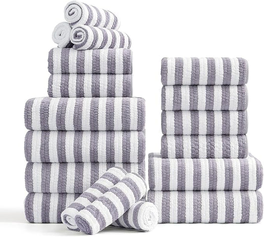 18-Piece Microfiber Bath Towels Set - 6 Bath Sheet, 6 Hand Towels, 6 Washcloths, Soft, Highly Absorbent Bathroom Towel, Quick Dry & Less Lint Shower towel for Bathroom, Hotel, Spa, Dorm-Light Purple
