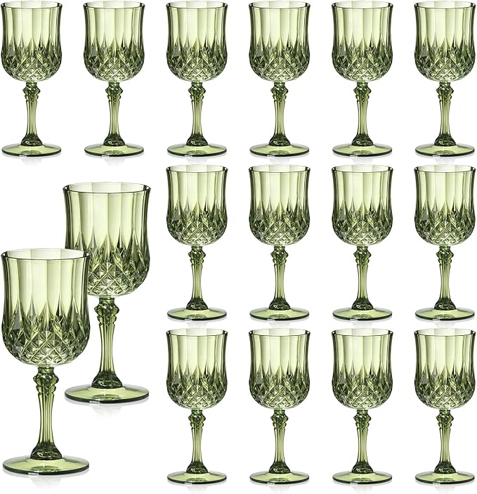XUWAIDSGN 16 Pcs 7oz Plastic Vintage Wine Glasses Drinking Glasses Unbreakable Wedding Glassware Crystal Water Goblets Reusable Drinkware Vintage Champagne Flutes (16, Dark Green)