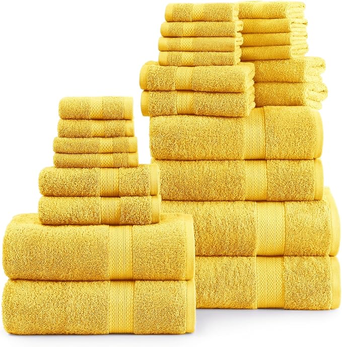 LANE LINEN 100% Cotton Bath Towels Set - 24 PCs - Durable, Quick Dry, Soft & Highly Absorbent - 4 Bath, 4 Fingertip, 6 Hand Towel, 8 Washcloths, 2 Bath Sheets - Remains Fluffy After Washing - Mimosa