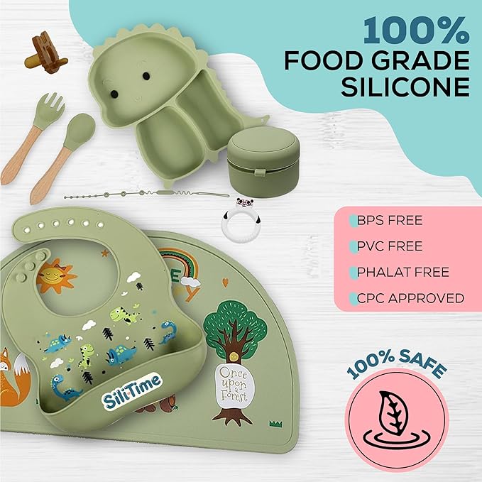 SiliTime Dinosaur-Themed Silicone Baby Feeding Set – Suction Mat with Food Catcher & Pacifier – 8-Piece BPA-Free Toddler Mealtime Essentials for Baby-Led Weaning