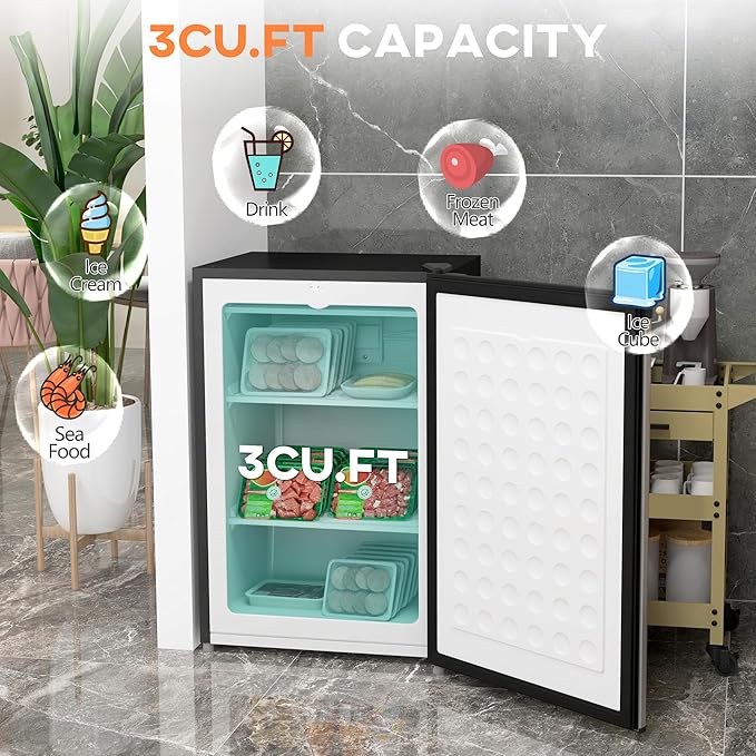 HOMCOM Mini Freezer Countertop, 3 Cu.Ft Compact Upright Freezer with Removable Shelves, Reversible Door for Home, Dorm, Apartment and Office, Silver