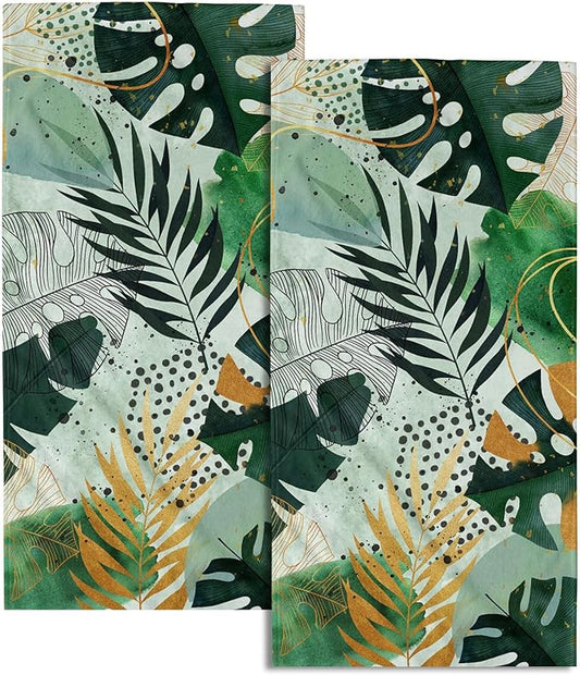 Imiss Tropical Palm Leaf Hand Towels Set of 2 Green Gold Boho Leaves Fingertip Small Bath Towels Dish Towel for Hotel Spa Gym Decor, 14.4 x 28.3 Inch