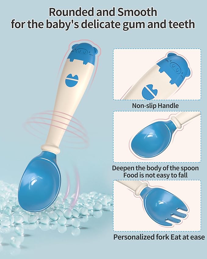 Deejoy Toddler Utensils, Self-feeding Flatware Set withTravel Case, Baby Spoons and Forks with Silicone Bendable Handle, Easy Grip Heat-Resistant, Ideal for Kids, Stage 2 (Blue)