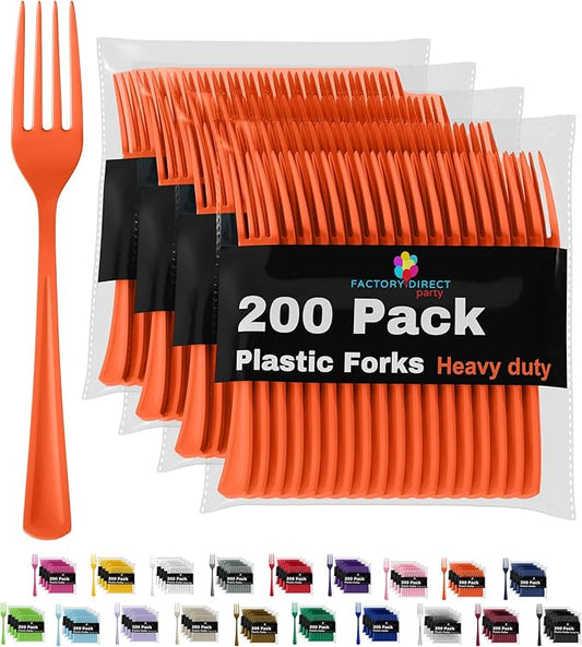 Party Solids Orange Plastic Forks 200 Pieces Orange Forks Disposable Utensils Heavy Duty Plastic Cutlery Set Disposable Cutlery Sets Flatware Sets Silverware Set Party Supplies & Party Tableware
