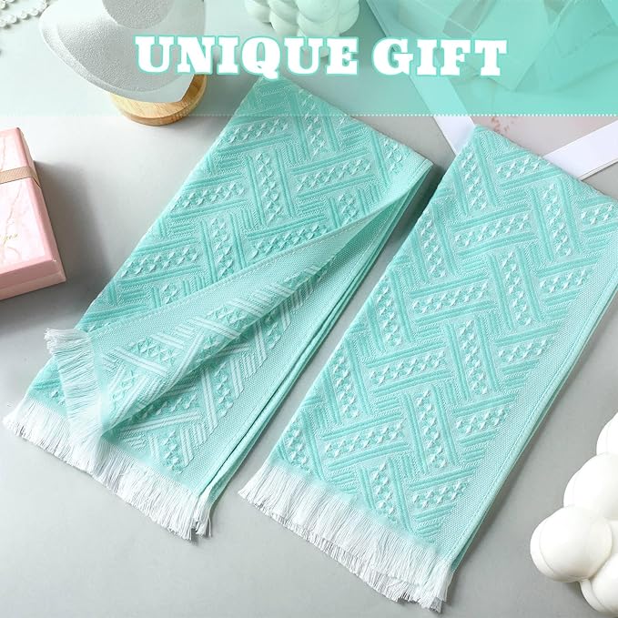 4 Pack Boho Bathroom Hand Towel 14 x 30 Inch 100% Turkish Cotton Decorative Boho Kitchen Hand Towel Farmhouse Bathroom Decor Set Absorbent Soft Guest Tea Gift (Aqua,White)