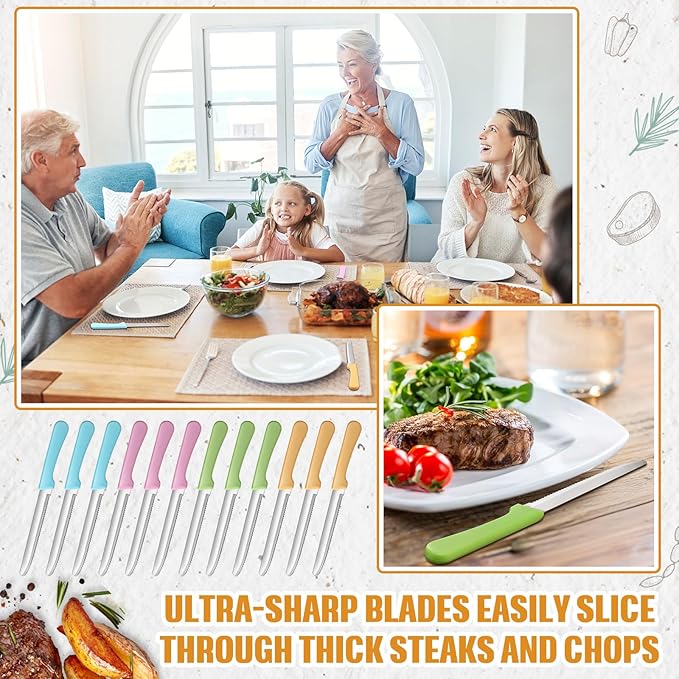 Geelin 50 Pieces 8.5 Inch Rounded Serrated Blade Steak Knives Stainless Steel Round Tip Blade Steak Knife with Plastic Handle for Kitchen Butter Cutlery Restaurant (Multicolor)