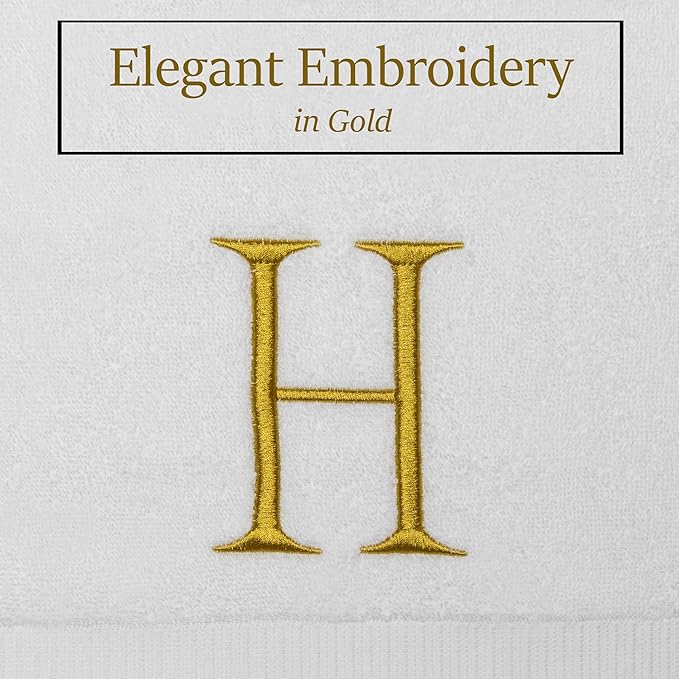 Monogrammed Hand Towels for Bathroom - Luxury Hotel Quality Personalized Initial Decorative Embroidered Bath Towel for Powder Room, Spa - GOTS Organic Certified - Set of 2 Gold Letter H