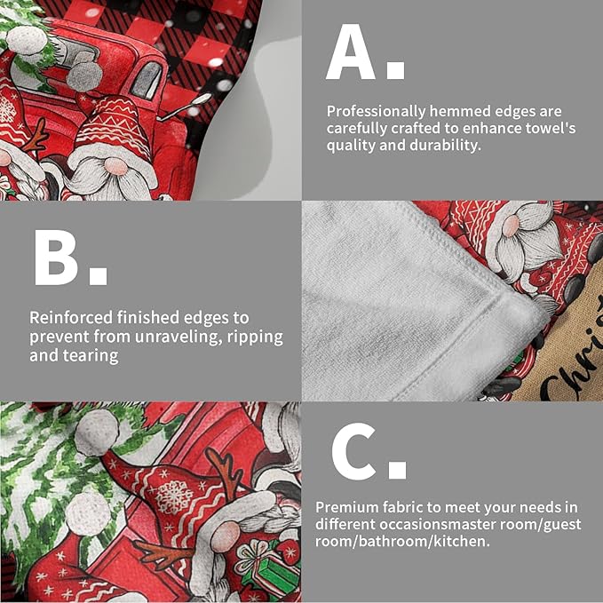 Imiss Merry Christmas Hand Bath Towels 2 Pcs Gnome Truck Xmas Tree Red Black Buffalo Plaid Kitchen Dish Towels for Holiday Decor Bathroom Hotel Gym Spa