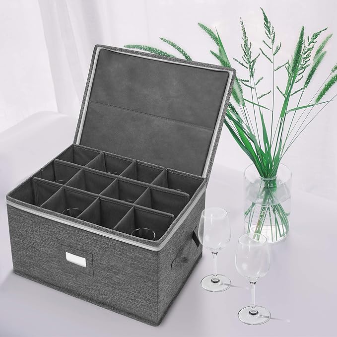 Stemware Storage Cases, Wine Glass Storage Box Containers for Glassware or Crystal, Holds 12 Red or White Wine Glasses, Hard Top and Sides (Grey)