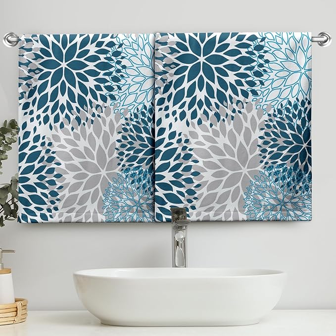 Blue Gray Dahlia Flowers Hand Towels Navy Floral Kitchen Towel Soft Decorative Dish Towels Absorbent Durable Tea Towel Set for Bathroom Kitchen Decor Hotel