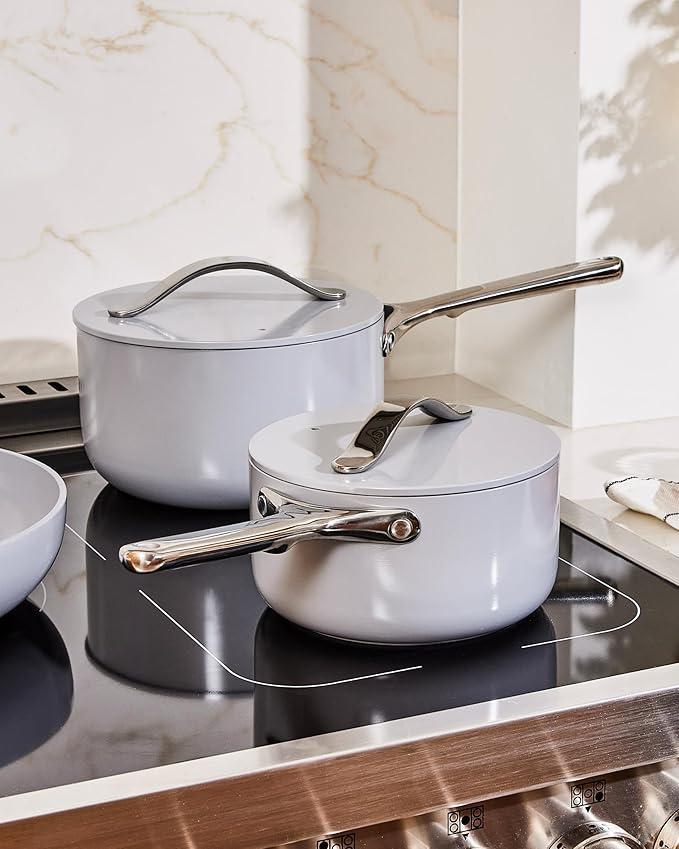 Caraway Nonstick Ceramic Sauce Pan with Lid (3 qt) - Non Toxic, PTFE & PFOA Free - Oven Safe & Compatible with All Stovetops (Gas, Electric & Induction) - Navy