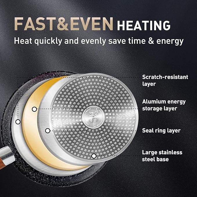 MAISON ARTS 17 Piece Pots and Pans Set Non Stick, Kitchen Cookware Sets with Nonstick Granite Stone Coating, Suitable for Induction Cooktops, Black