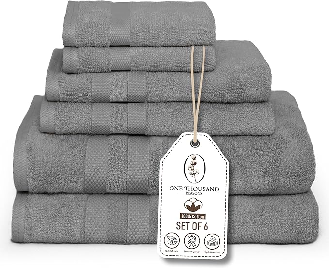 Premium Staple Cotton Bathroom Towel Set - Gray 600 GSM 6-Piece Luxury Bath Towel Set 3 Stripe - 2 Bath Towels, 2 Hand Towels & 2 Washclothes Set - High Absorbent & Quick Dry for Gym, Spa, Hotel