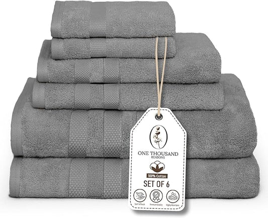 Premium Staple Cotton Bathroom Towel Set - Gray 600 GSM 6-Piece Luxury Bath Towel Set 3 Stripe - 2 Bath Towels, 2 Hand Towels & 2 Washclothes Set - High Absorbent & Quick Dry for Gym, Spa, Hotel
