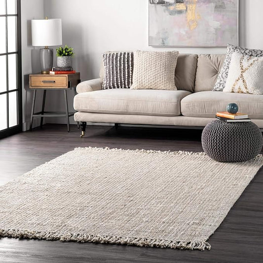 nuLOOM 9x12 Daniela Jute Tassel Hand Woven Area Rug, Off White, Solid Chunky Farmhouse Design, Natural Fiber, For Bedroom, Dining Room, Living Room, Hallway, Office, Entryway