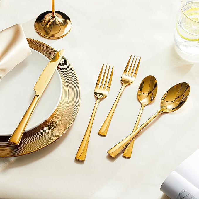 KINGSTONE Silverware Set for 12, 60-Piece Forged 18/10 Stainless Steel Flatware Set, Mirror Finish Cutlery Set Dishwasher Safe for Home, Restaurant, Wedding, Party, Gold