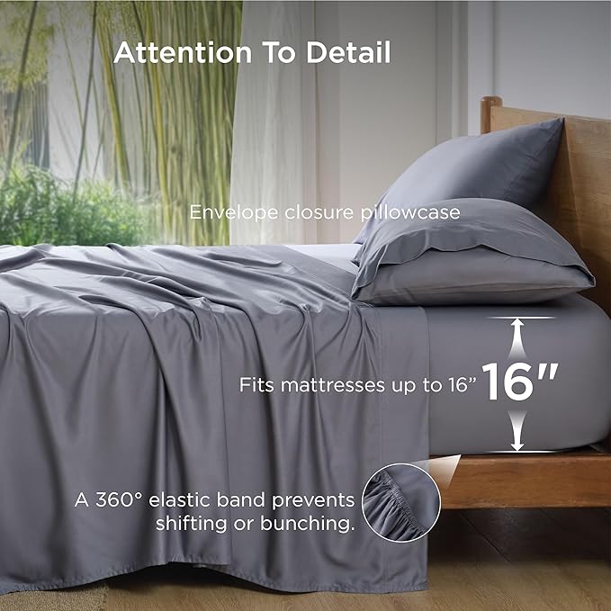 Bedsure Queen Sheet Set, Cooling Sheets for Queen Size Bed Set, Rayon Derived from Bamboo, Breathable & Soft, Deep Pocket Up to 16", Hotel Luxury Silky Bedding for Hot Sleepers, Dark Grey