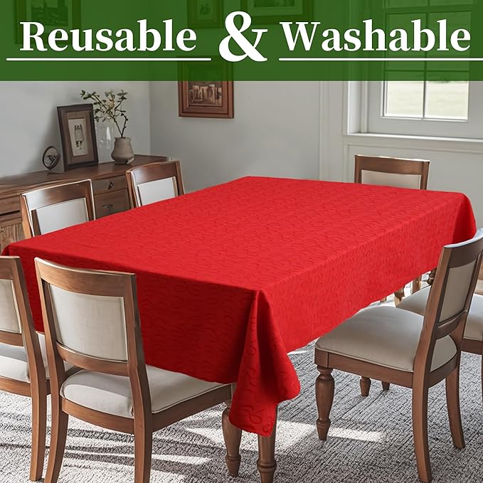 Red Christmas Tablecloth 60 x 84 inch (6-8 Seat), Table Cloths for 6 Foot Rectangle Tables, Cotton-Polyester Blend, Table Cover for Christmas & Wedding, Red with Bowties Jacquard (1 Pack)