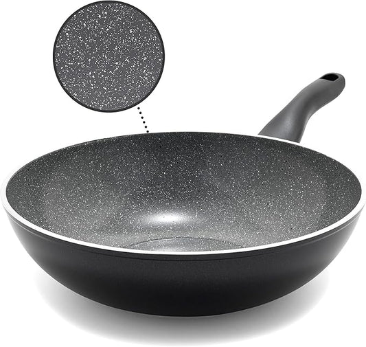 Rigoletto 11” Nonstick Wok Pan, Made in Italy, Layered Ceramic PFAS-Free Surface, Induction Ready Skillet, Dishwasher & Metal Utensil Safe, Granite Finish, Stay-Cool Handle, Black