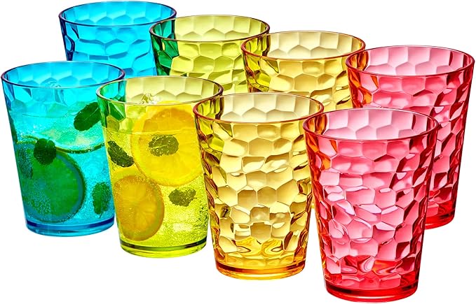 Amazing Abby - Iceberg 16-Ounce Plastic Tumblers (Set of 8), Drinking Glasses, Mixed-Color Reusable Cups, Stackable, BPA-Free, Shatter-Proof, Dishwasher-Safe