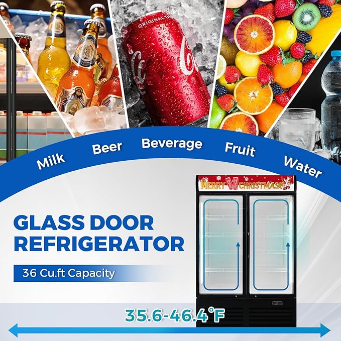 36 cu.ft Commercial Refrigerators with 2 Glass Door, Beverage Fridge with LED Light Display Upright Merchandiser, Drink Cooler with 8 Adjustable Shelves Black ETL Approved