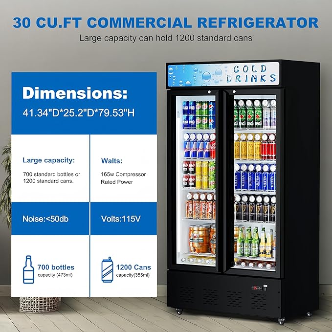 Commercial Beverage Refrigerator, 30 Cu.ft. Fridge Display Glass Door Upright Display Door with Adjustable Shelves LED Light for Restaurant,Grocery Stores,Office