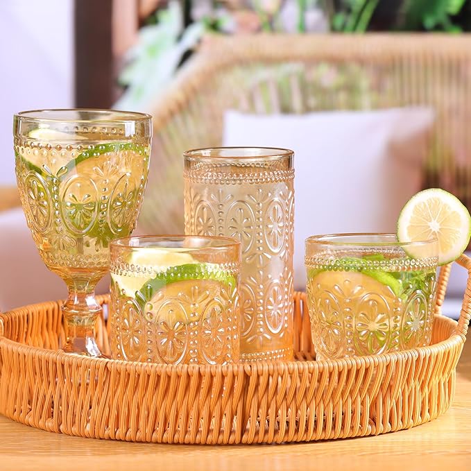 Amber Glassware set of 4 Vintage Drinking Glasses, 12oz Amber Heavy Duty Glass Cups, Old Fashioned Glass, Highball Glasses Set for Party Wedding Home Office Glassesware Gift