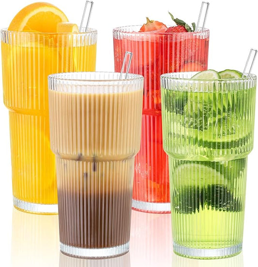 20 oz Glass Cups and Straw 4 Set, Glass Tumbler with Straw, Vintage Glassware for Whiskey Cocktail Beer, Iced Coffee Cups (4 PACK)