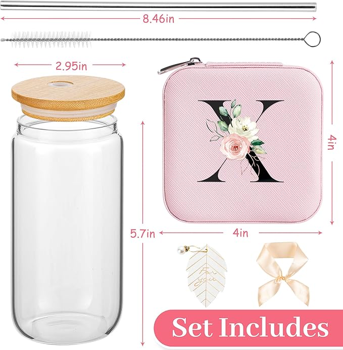 AYGXU Birthday Gifts for Women - Drinking Glass with Bamboo Lids and Straw, Iced Coffee Travel Jewelry Case, Small Jewelry Organizer Box, Initial X Pink