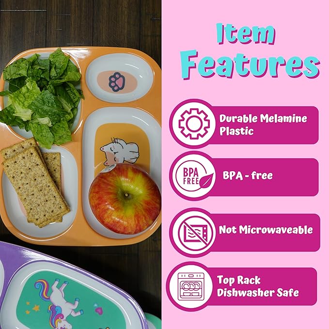 4E's Novelty 4 Melamine Dinner Plate for Kids Girls, Plastic Mealtime Divided Plates, Dinnerware Dishes Set For Toddlers Picky Eaters, BPA Free, Princess, Unicorn, Sea Life, Cat