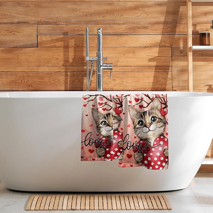 Imiss Red Cat Heart Rose Hand Towels - Red Love Hearts Tree Decorative Bathroom Kitchen Dish Towel Set of 2 Holiday Guest Towels 14.4 x 28.3 Inch for Gym,Spa,Hotel
