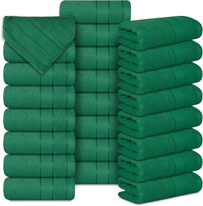 Casa Lino Face Towels & Body Wash Cloths for Showering - 100% Cotton Wash Cloths for Bathroom - Highly Absorbent & Quick Drying Washcloth Set - Cotton Washcloths 24 Pack (12" x 12") - (Green)