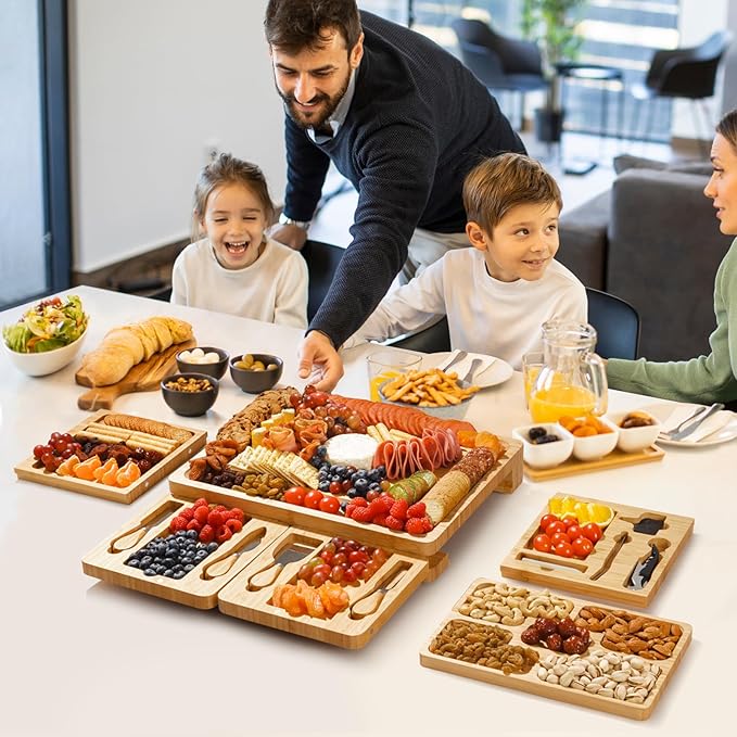 Large Charcuterie Boards Gift Set - Cheese Board and Knife Set with Extra Cheese Platter, Bamboo Charcuterie Board Cheeseboard Cheese Plate for House Warming Gifts New Home, Wedding Gifts