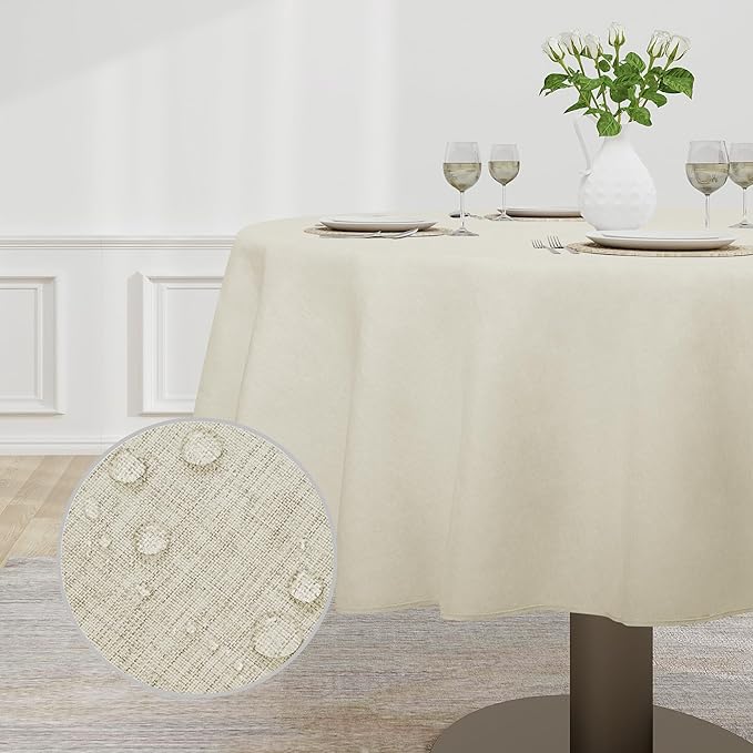 Easy-Going Faux Linen Waterproof Spill-Proof Tablecloth Stain Resistant Round Table Cloth Wrinkle Free Decorative Fabric for Kitchen, Dining, Party, Weddings, Restaurants (70 in-Round, Beige)