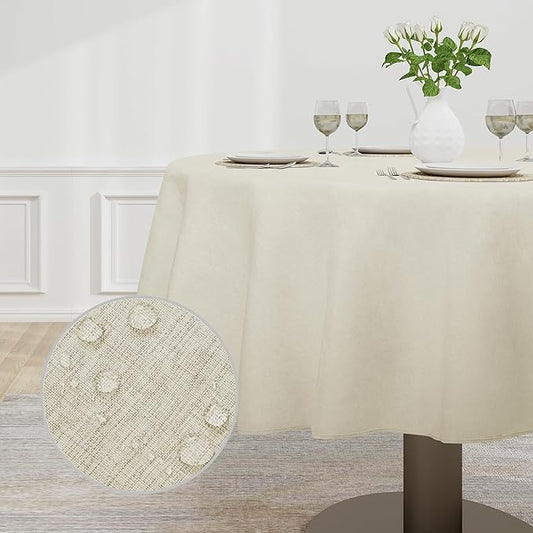 Easy-Going Faux Linen Waterproof Spill-Proof Tablecloth Stain Resistant Round Table Cloth Wrinkle Free Decorative Fabric for Kitchen, Dining, Party, Weddings, Restaurants (70 in-Round, Beige)