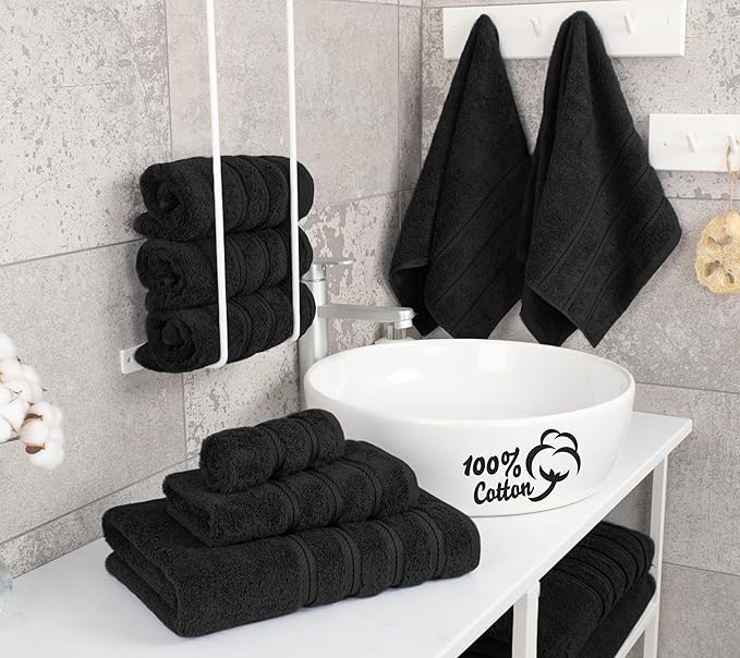 American Soft Linen Luxury 6 Piece Towel Set, 2 Bath Towels 2 Hand Towel 2 Washcloths, 600 GSM 100% Cotton Turkish Towels for Bathroom, Black Towel Sets