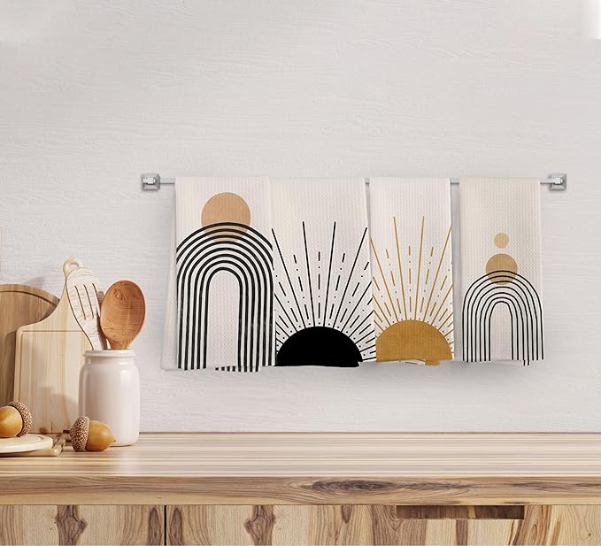 Boho Abstract Kitchen Towels and Dishcloths Set of 4, Mid Century Modern Decor Hand Towels, Boho Abstract Minimalist Sunshine Drying Cloth Hand Dish Tea Towel for Bathroom Kitchen, 16x24 Inches