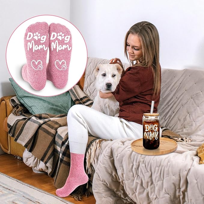 Mason Life Birthday Gift for Women, Gift for Her, Glass Cup and Sock for Dog Mom, Dog Mom Gifts for Women, Dogs Themed Gifts, 18oz Drinking Glasses with Bamboo Lid and Glass Straw