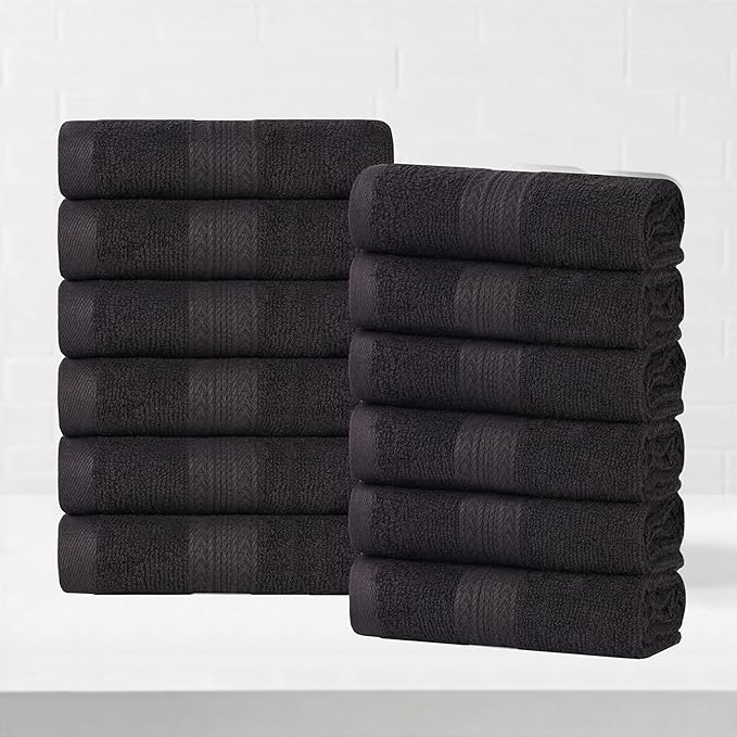 Superior Eco-Friendly Cotton 12-Piece Face Towel/Washcloth Set, Small, Fast Drying Towels for Face, Spa, Resort, Hotel, Hand, Shower, Guest Bathroom, Home, Airbnb, Apartment Essentials, Black