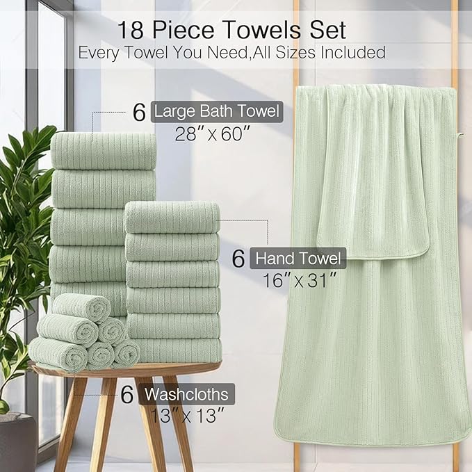 18 Piece Family Bath Towel Set Include 6 Bath Towels,6 Hand Towels and 6 Washcloths Soft Bathroom Towel with Hanging Loops,Highly Absorbent Quick Dry Towels Set for Bathroom,Hotel and Spa-Green