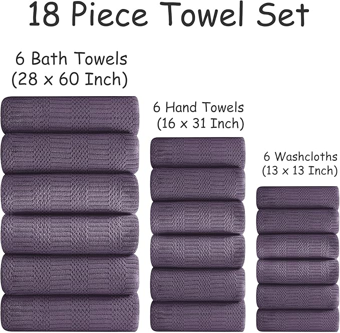 18 Pcs Purple Woven Family Towels Set-6 Bath Sheets,6 Hand Towels,6 Washcloths Soft Polyester Towels Absorbent Shower Towel Quick Dry Beach Chair Towel Lint Less Towels Set for Bathroom Spa Gym Hotel