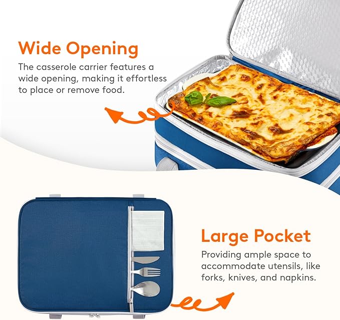 Lifewit Double Decker Insulated Casserole Carrier for Hot or Cold Food, Casserole Dish with Lid and Carrying Case, Lasagna Holder for Potluck Parties/Picnic, Fits 9"x13" Baking Dish, Pure Blue