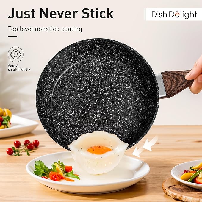 DishDelight 15 Piece Pots and Pans Set Non Stick, Induction Nonstick Kitchen Cookware Sets, Nonstick Induction Cookware with Frying Pans and Saucepan Set, Non-toxic Kitchen Cooking Set, Black